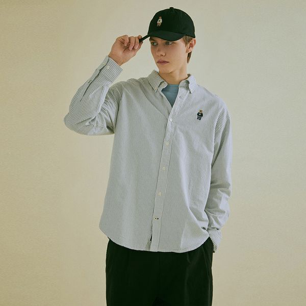 Áo sơ mi gấu Whoau chính hãng sọc Xanh Xám, áo sơ mi kẻ sọc nam nữ WHO.A.U Hàn Quốc | WHYSD2302U