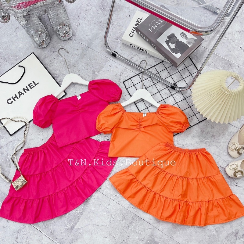 Set áo crop top cv tầng cho bé gái 15-28kg