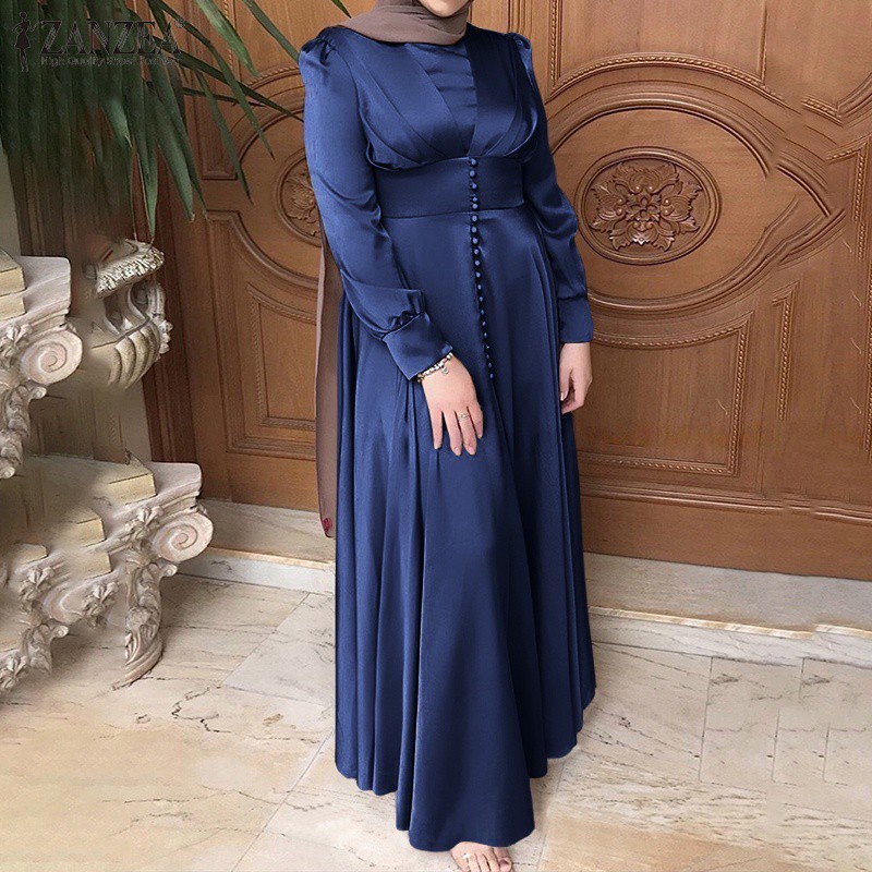 Đầm ZANZEA Cổ Tròn Màu Trơn Dài Tay Phong Cách Hồi Giáo Thời Trang Hàng Ngày Cho Nữ
