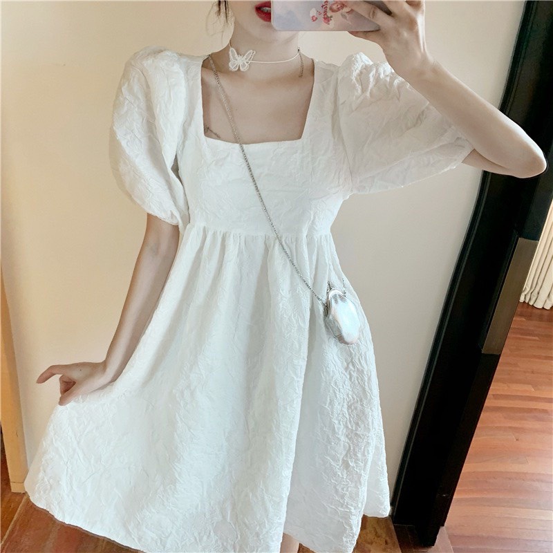 Đầm babydoll nữ gấm hở lưng thắt nơ sau chất XỐP- váy tiểu thư dáng xòe cổ vuông tay bồng gấm xốp phogn cách ulzzang