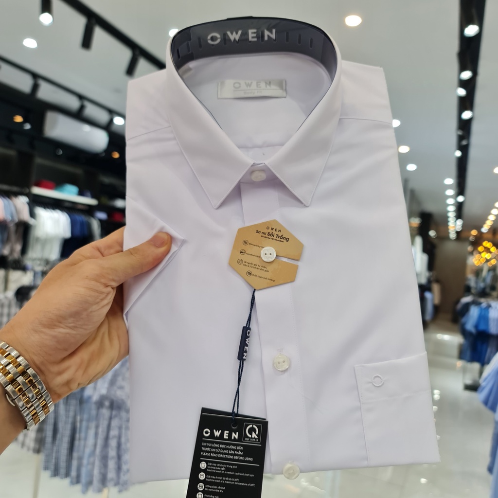 Áo sơ mi nam ngắn tay OWEN AR230328NT somi công sở vải sợi sồi cao cấp màu trắng dáng suông tà lượn có túi