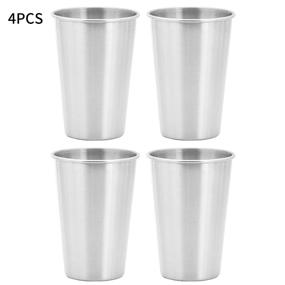 Stainless Steel Cup Metal Drinking Glass Mug Beer Pint Tumbler Stackable Reusable for Camping Hiking Indoor Kids 500ml Silver 4PCS