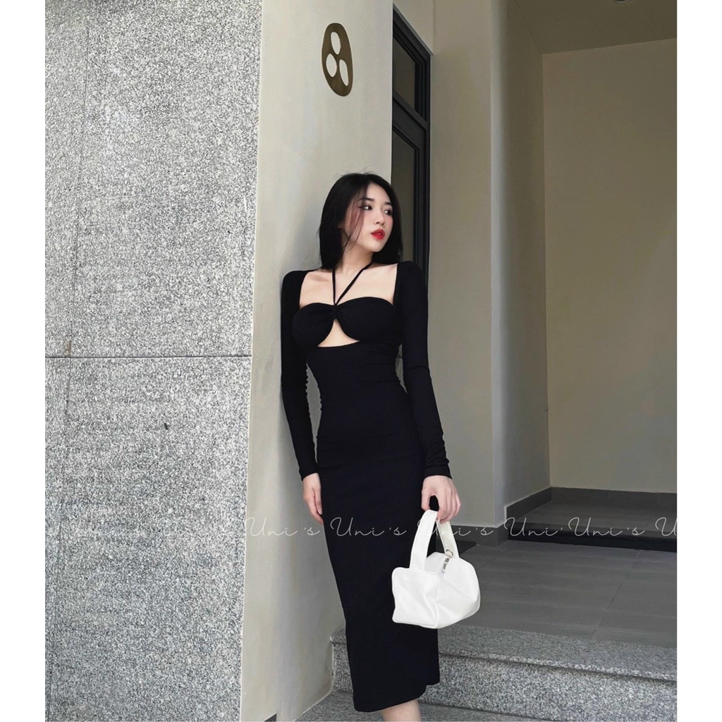 Đầm Maxi Body Dài Tay, Thiết Kế Dáng Ôm Cut-out Ngực Phối Dây Treo Sang Trọng Gợi Cảm aloha.store1
