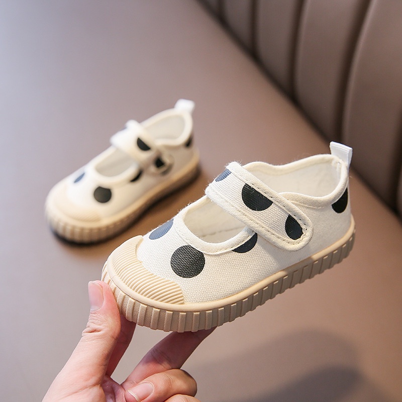 [Có sẵn] Giày vải cho bé gái họa tiết chấm bi dễ thương - Giày trẻ em gái đế mềm chống trượt 2023