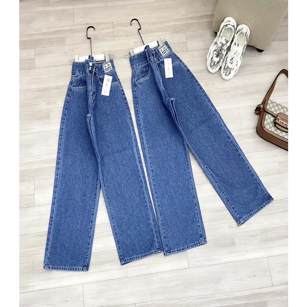 Quần jean nữ ống rộng lưng cao, Quần bò nữ ống rộng cạp cao màu xanh nhạt dáng suông, kiểu baggy ống đứng chất đẹp QJ006