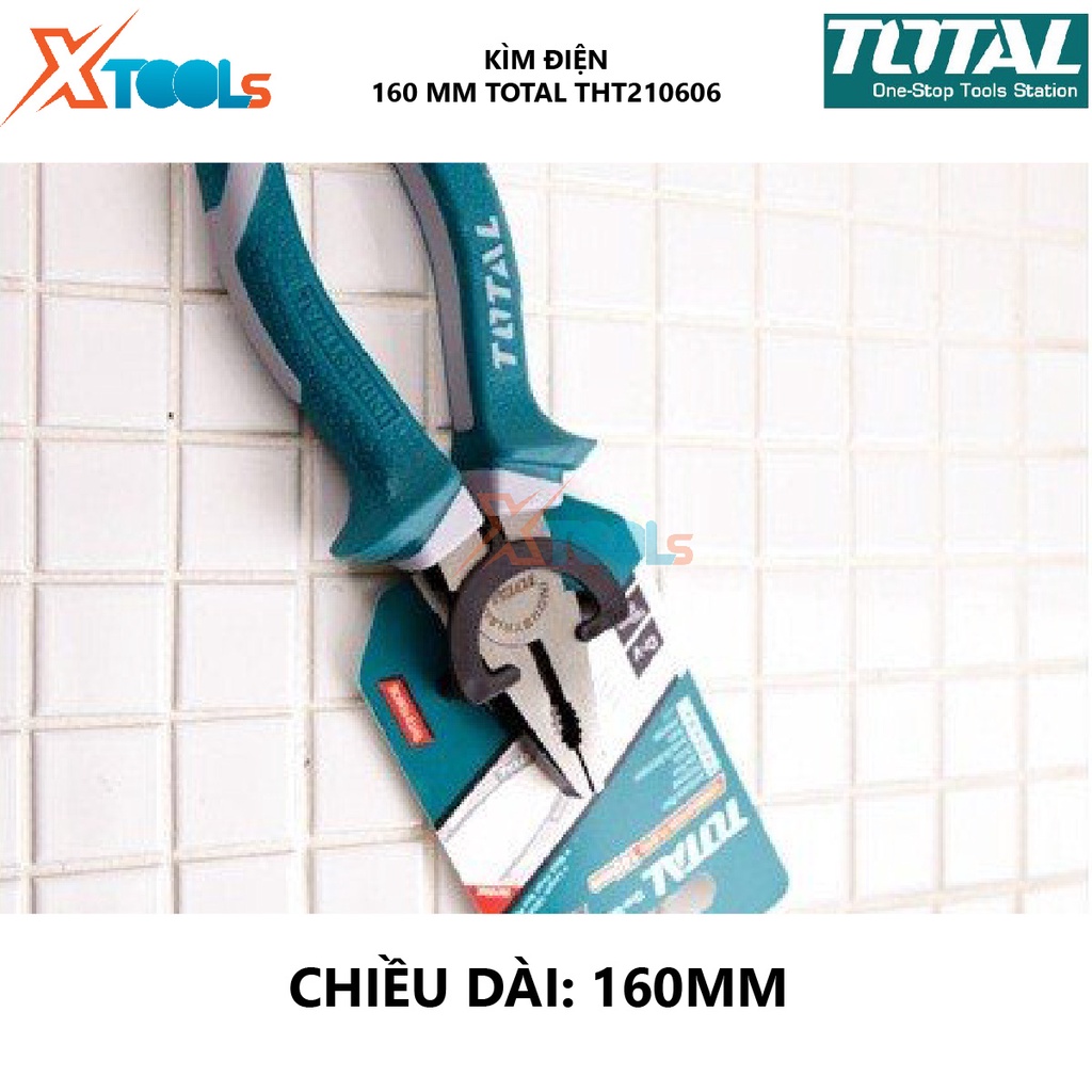 Kìm điện TOTAL THT210606 | kềm răng Kích thước 6&quot; (160mm), Khối lượng 0,2 kg, Cán bọc nhựa 2 màu xanh trắng bấm, cắt, tu