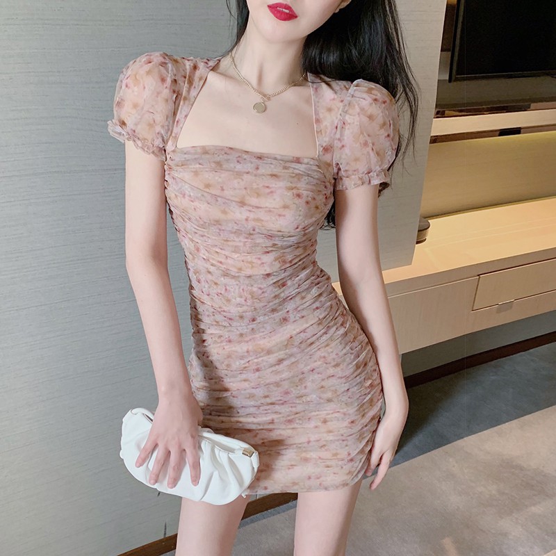Váy voan hoa nhí cổ vuông nhăn nhún ôm body bó sát sexy quyến rũ sang chảnh Hàn Quốc