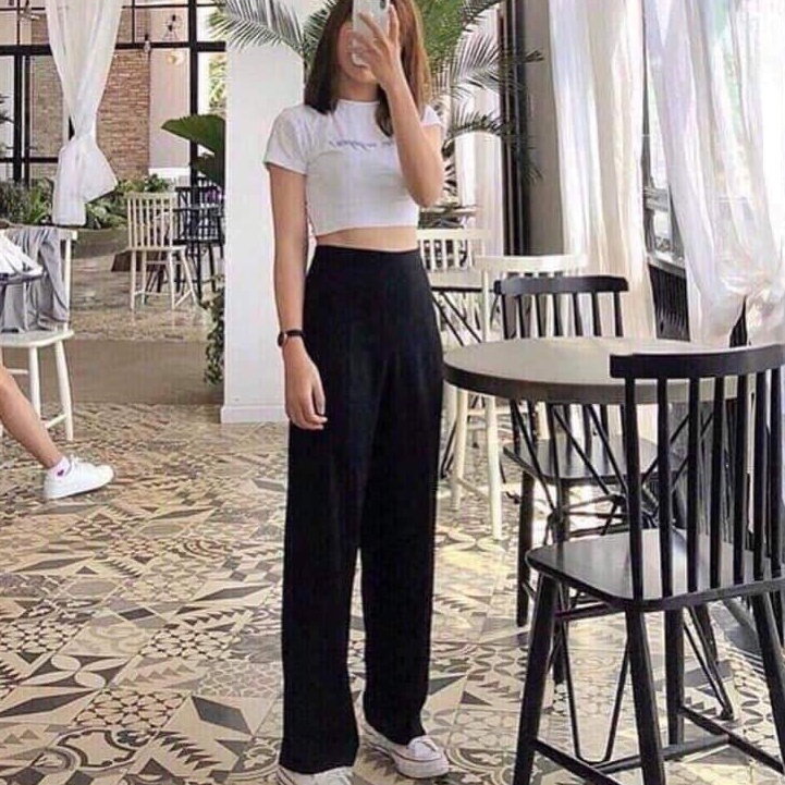 Quần ống rộng khóa sườn cạp cao dáng dài chất vải mềm màu đen - Quần tây lưng cao nữ đi học ống suông mặc đi làm công sở | BigBuy360 - bigbuy360.vn