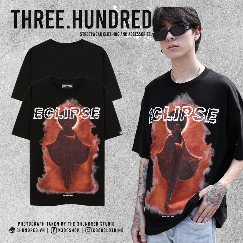 Áo Thun Đen Chữ Eclipse Họa Tiết In Hình Lửa Màu Cam Chất Liệu 100% Cotton Form Rộng Thoải Mái Unisex Nam Nữ