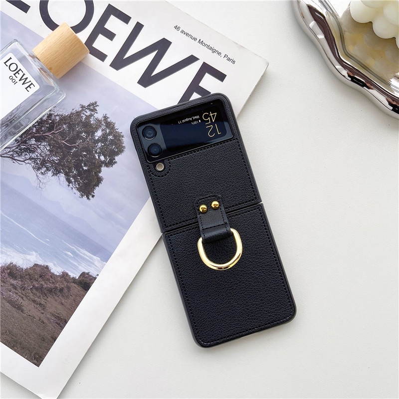 Bao Da Điện Thoại PU Dạng Gập Tích Hợp Vòng Đỡ Sang Trọng Dành Cho Samsung Galaxy Z Flip 4 3 2 1 Z Flip3 Flip4 5G