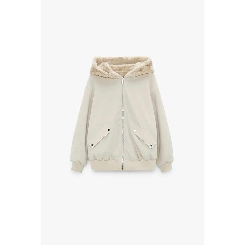 ÁO KHOÁC ZARA XUẤT DƯ TUỒN NỮ CÓ MŨ LÓT LÔNG MẶC ĐƯỢC HAI MẶT MÀU XÁM/KEM - 3046/287