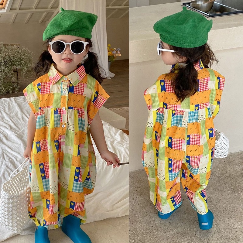 Bộ Áo Liền Quần Tay Ngắn Cổ Sơ Mi In Họa Tiết Caro Chất Liệu Thân Thiện Với Da Thoáng Khí Thời Trang Đi Biển Cho Bé Gái 3-8 Tuổi