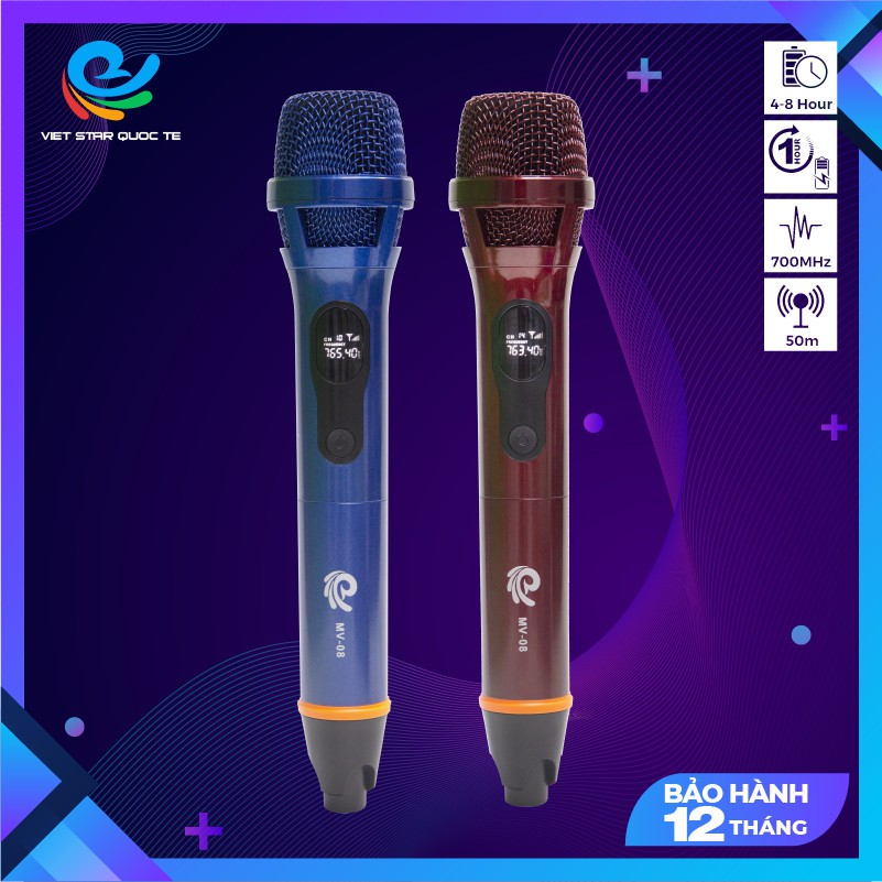 Micro Không Dây Hát Karaoke MV08 Việt Star Quốc Tế Nhẹ Êm Đa Năng bảo hành 12 tháng