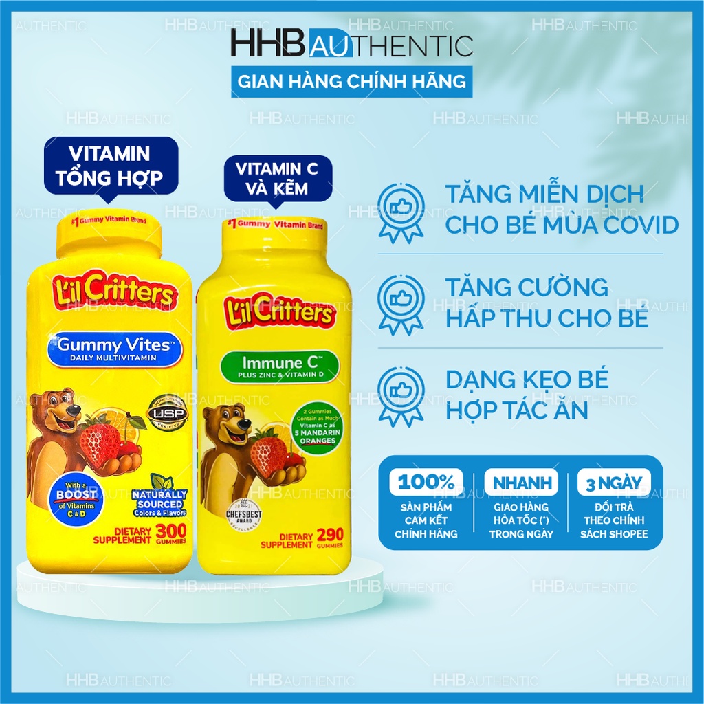 Kẹo gấu Mỹ kẹo dẻo bổ sung Vitamin C, kẽm và Vitamin D và tăng sức đề kháng L’il Critters Immune C 290 viên - Xuất xứ Mỹ