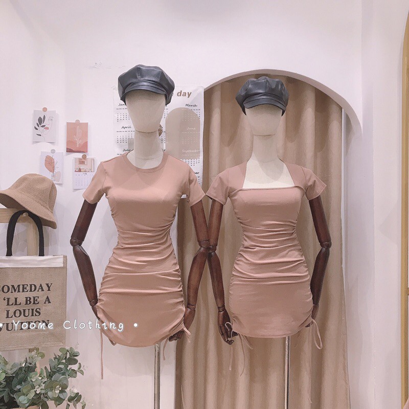 Váy body cổ vuông dây rút sườn tay cộc chất cottonzip co giãn cho nữ Yoomeclothing [ ẢNH THẬT SHOP CHỤP] | BigBuy360 - bigbuy360.vn