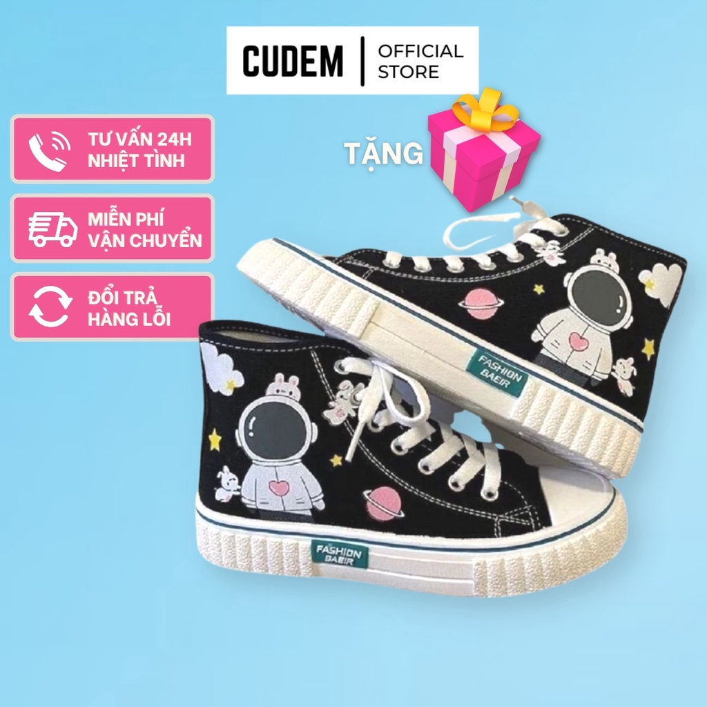 Giày thể thao nữ cổ cao in hình phi hành gia, giày thể thao bata học sinh vải Canvas S18