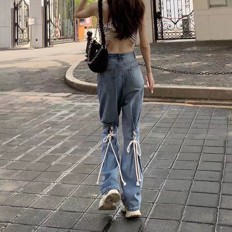 Quần Jeans Ống Loe Thắt Nơ Sau Lưng Cao Phong Cách Retro Cực Cá Tính