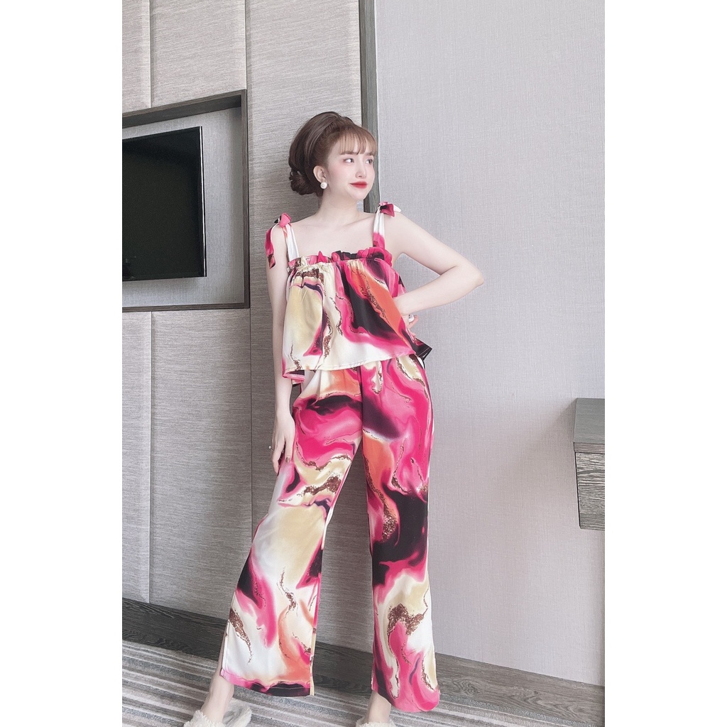 Đồ Ngủ Sexy Nữ, Bộ Ngủ Hai Dây Cột Nơ Quần Dài Xẻ Tà Chất Mango Dưới 65Kg