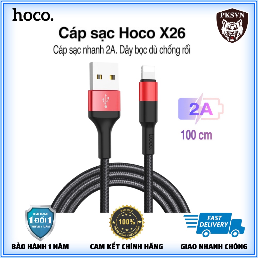 Cáp Sạc Nhanh Hoco X26 Dây Dù, Chống Đứt Dài 1M, Sạc Nhanh 2.4A và hỗ trợ truyền dữ liệu tốc độ cao - Bảo Hành 12T
