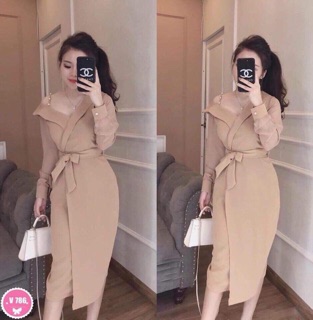 Đầm ôm lệch vai (vai kết cườm có dây kéo)