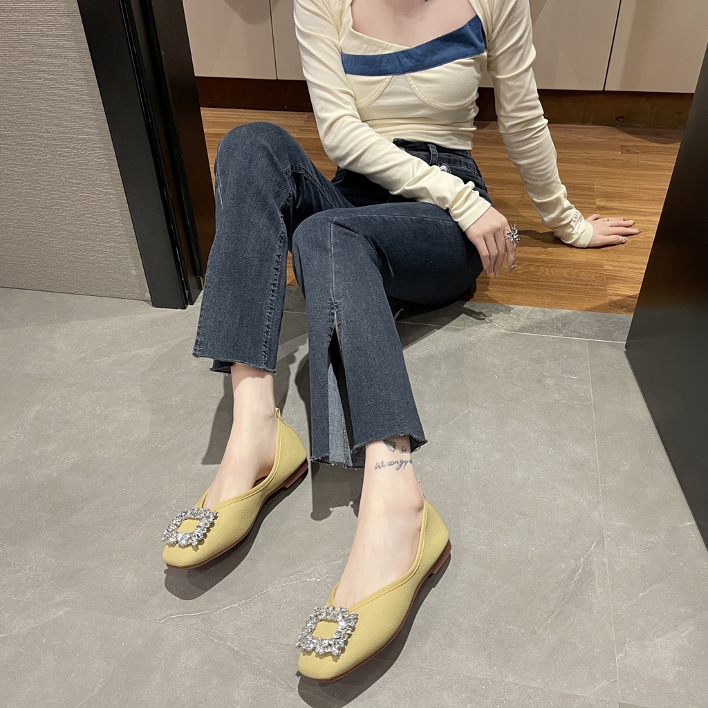 Giày Búp Bê Da Đế Bằng Mũi Vuông Đính Pha Lê Thời Trang Công Sở Cho Nữ