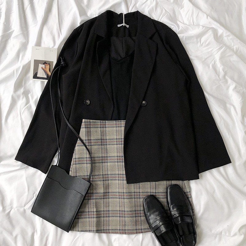 Bộ Áo Khoác Blazer + Áo Hai Dây Dệt Kim + Chân Váy Ca Rô Xinh Xắn Dành Cho Nữ | BigBuy360 - bigbuy360.vn