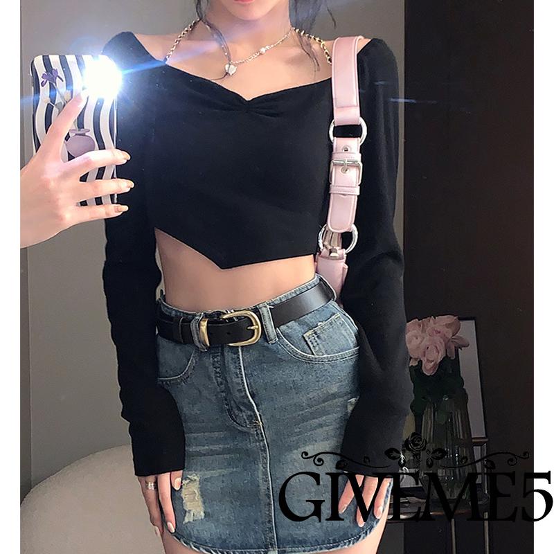 GIVEME-Women´s Crop Tops Chain Halter Shoulder Cutout Long Sleeve Irregular Hem Slim Fit Short Tops