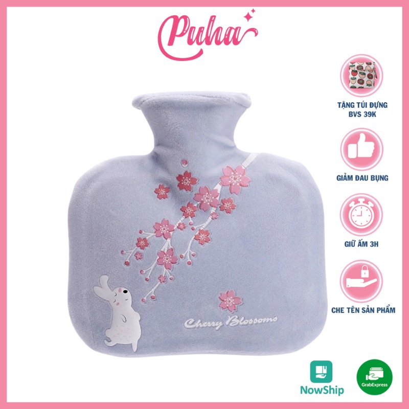 Túi chườm nước nóng PUHA 500ml, túi chườm nóng đau bụng kinh cho nữ, Thỏ Cherry Blue