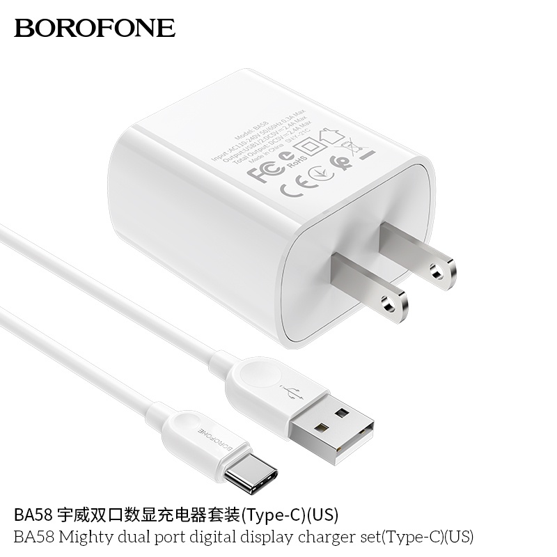 Bộ sạc cáp 2.4A BOROFONE BA58 đèn LED 2 cổng USB dây dài 1m - Chính hãng