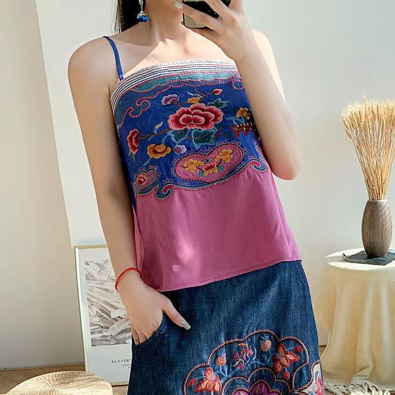 Áo Hai Dây 100% Cotton Thêu Họa Tiết Phong Cách Dân Tộc Thời Trang Cho Nữ