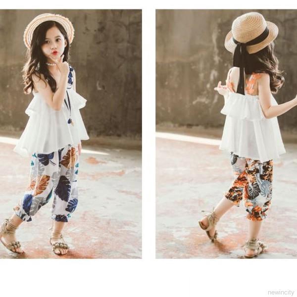 Bộ áo hai dây + quần dài in hoa lá dễ thương cho bé gái