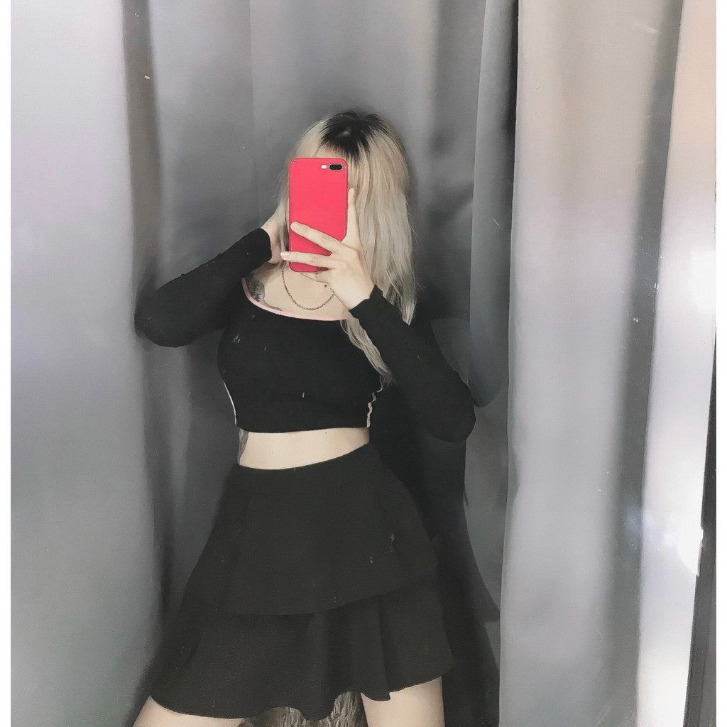 Áo kiểu croptop tay dài trễ vai viền màu cực xinh , chất thun bozip mềm mịn co giãn