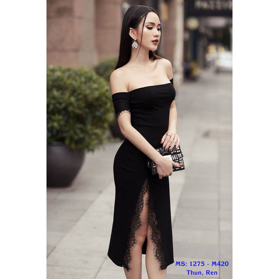 Đầm Ôm Body Trễ Vai Xẻ Tà Phối Ren Quyến Rũ