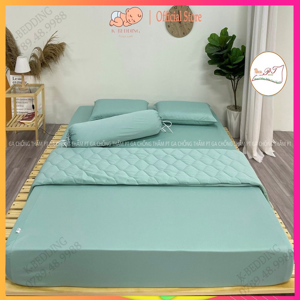 Bộ ga chống thấm cotton cho bé, drap chống thấm nước cao cấp kèm vỏ gối đầu và vỏ gối ôm mềm mịn mát (trơn matcha)