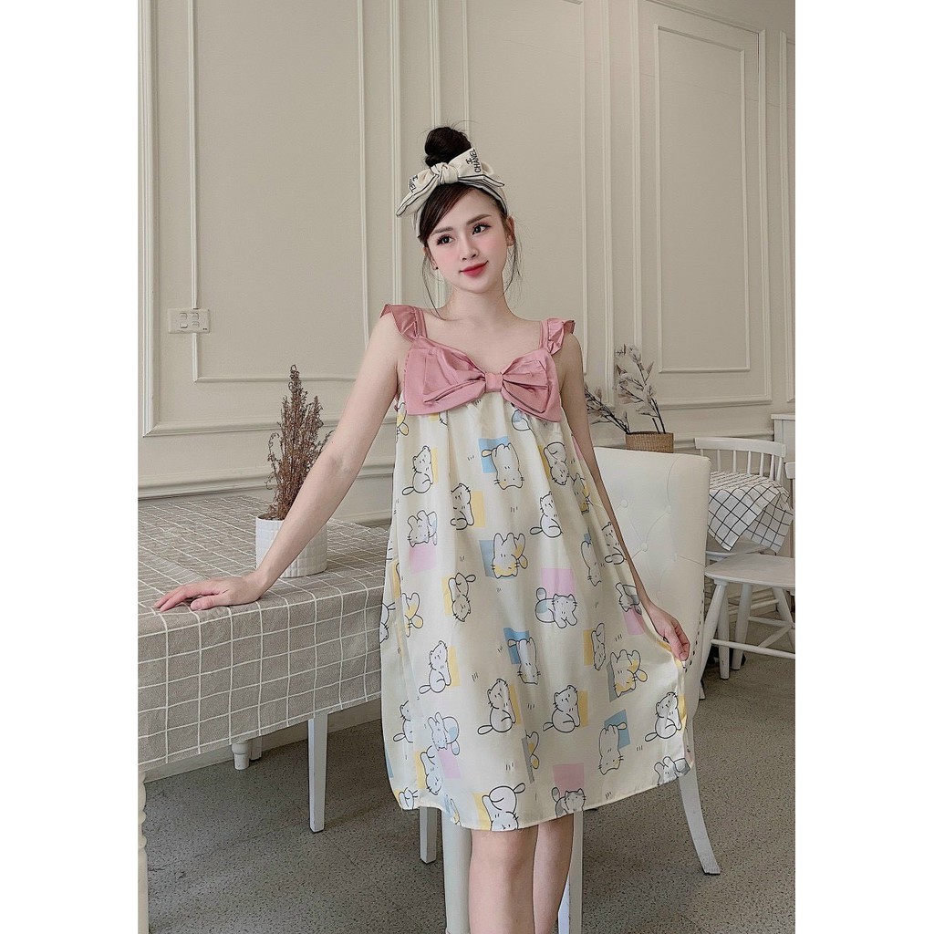 Đầm Ngủ Lụa Satin phối nơ hoạ tiết dễ thương cute | BigBuy360 - bigbuy360.vn