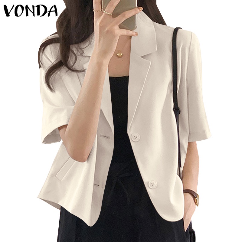 Áo khoác blazer VONDA ngắn tay màu trơn gài nút phong cách Hàn Quốc thời trang cho nữ