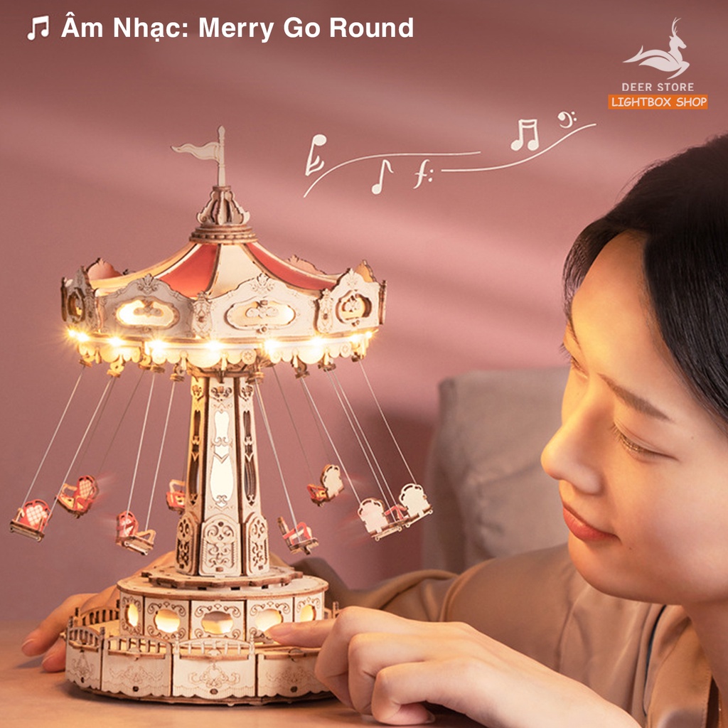 Đồ chơi lắp ráp ROKR Bằng gỗ 3D Swing Ride DIY Music Box. Hộp nhạc Robotime có Đèn và vòng quay tự động. EA02