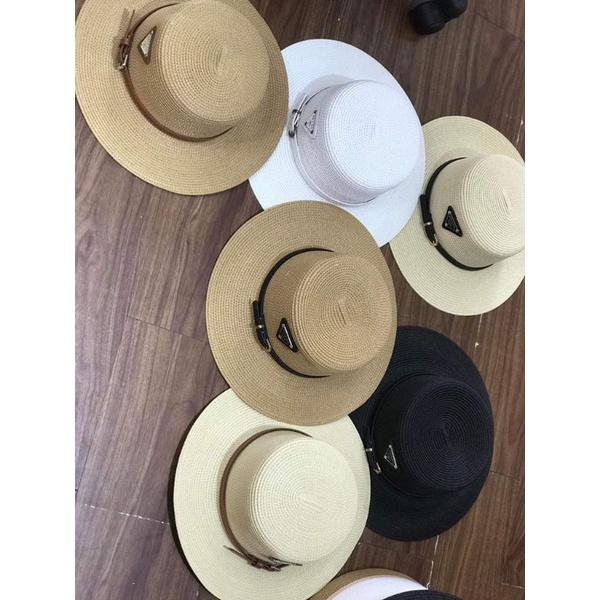 Mũ cói đi biển vành nhỏ đai da tag prada cao cấp siêu hot