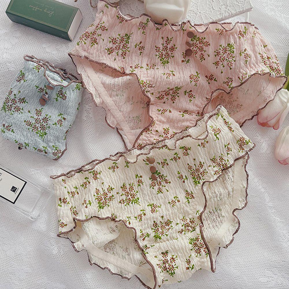 OCEANMAP Quần Lót Cotton Phối Ren Hoa Nhún Bèo Phong Cách Lolita Ngọt Ngào Thanh Lịch Cho Nữ