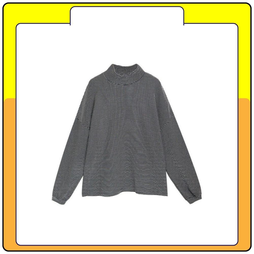 Áo nỉ sweater kẻ cổ lọ , áo len kẻ ngang cổ cao tay bồng cá tính năng động Queenshop