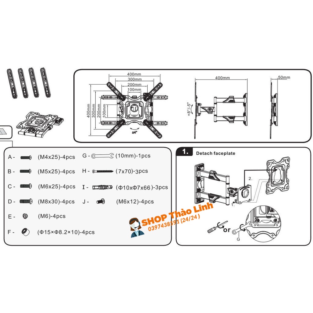 Giá treo, Khung treo tivi xoay đa năng North Bayou NB-P4 từ 32 đến 55 inch - Tải trọng tối đa 27Kg - Xoay mọi góc độ