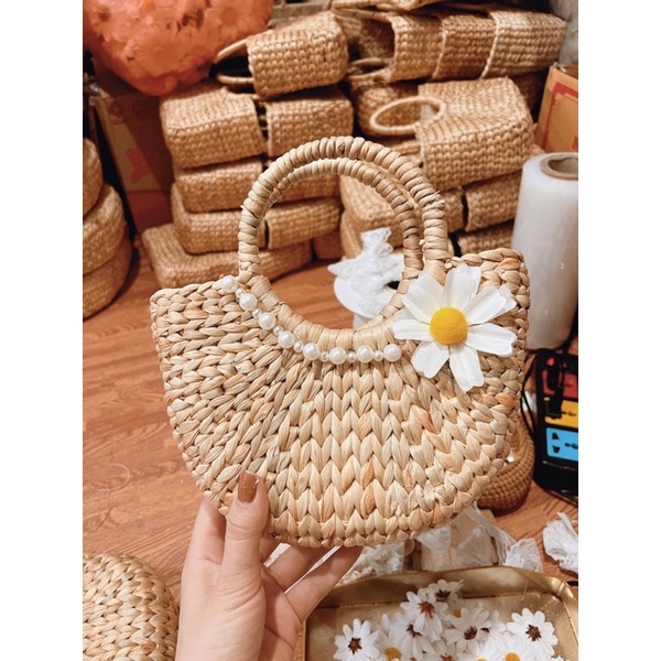 Bán sỉ túi lục bình túi cói đi biển túi cói vintage túi cói chụp ảnh đính hoa form cứng cáp dày dặn