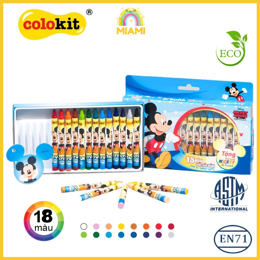Bút Sáp Màu Colokit Disney Mickey CR-C028/MI 18 Màu 1 Hộp Chính Hãng, Màu Tươi Sáng, Không Độc Hại, Bảo Vệ Môi Trường