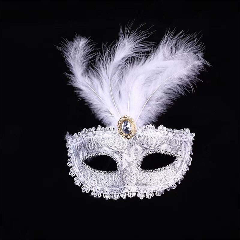 Mặt Nạ Nửa Mặt Hóa Trang Halloween Đính Lông Vũ
