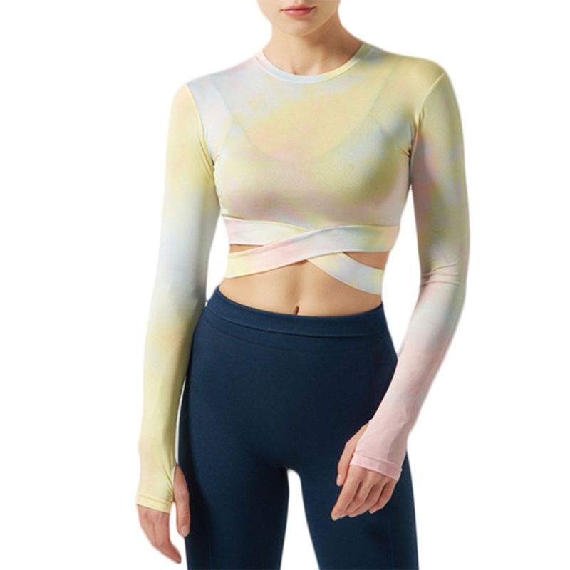 Brroa Áo Crop Top Tay Dài Ôm Dáng Chéo Màu Gradient Dành Cho Nữ Tập Gym Yoga Chạy Bộ
