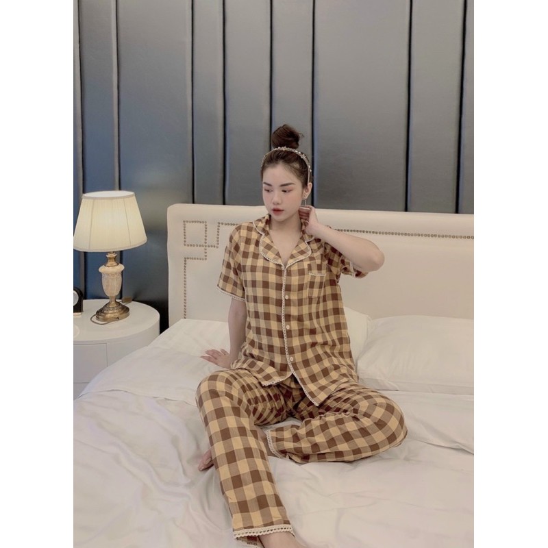 BỘ PIJAMA CHẤT ĐŨI HÀN HOẠ TIẾT KẺ Ô VIỀN REN CAO CẤP