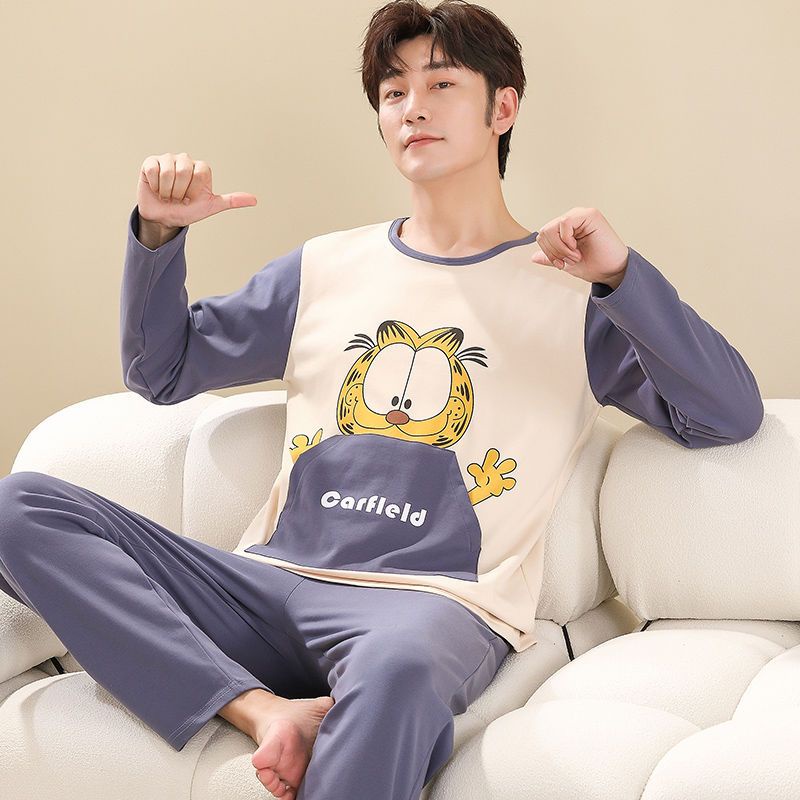 Bộ Đồ Ngủ Tay Dài Chất Liệu Cotton In Họa Tiết Hoạt Hình Dễ Thương Cho Nam