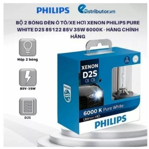 Bộ 2 Bóng đèn Ô tô/Xe hơi Xenon Philips PURE WHITE D2S 85122 85V 35W 6000K - Hàng Chính Hãng