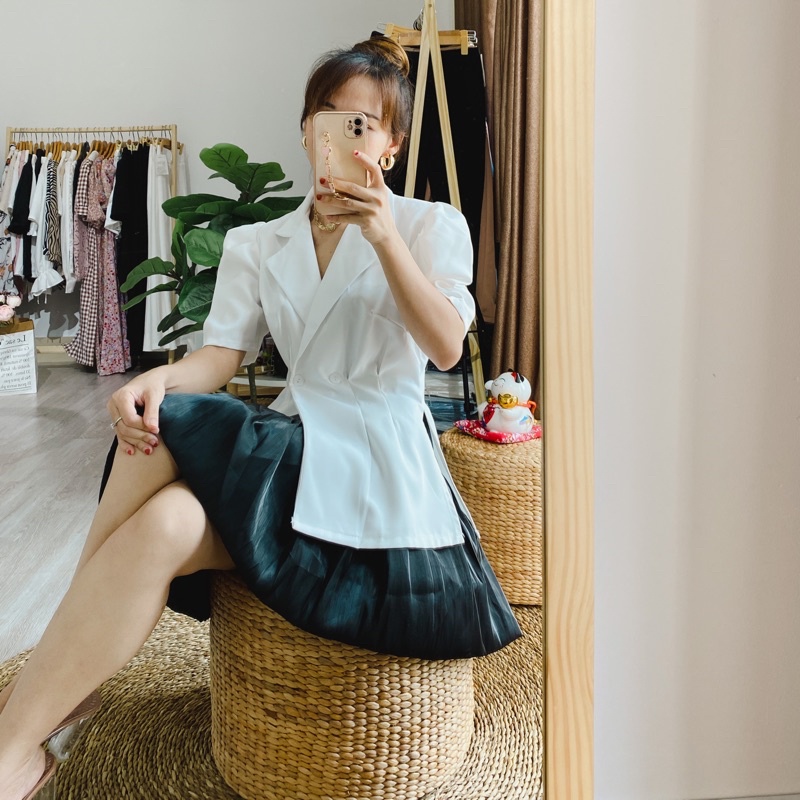 [HÀNG THIẾT KẾ] NS09 Set áo vest ngắn tay hai nút kèm quần váy siêu sang. | BigBuy360 - bigbuy360.vn