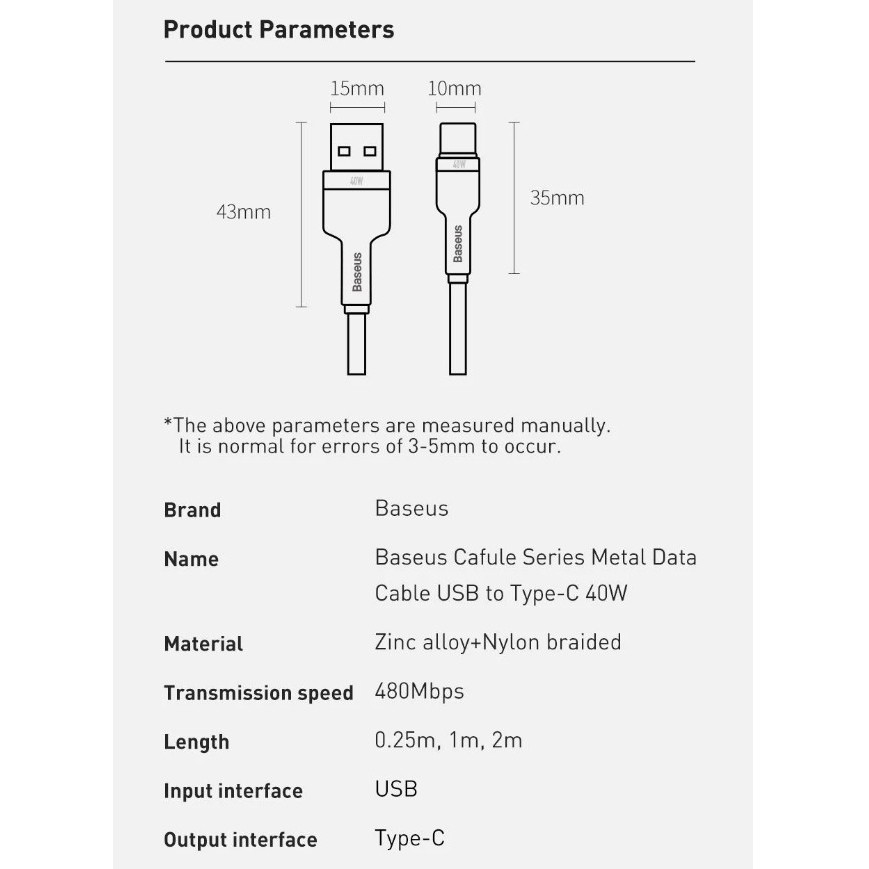 Cáp sạc nhanh USB qua Type C Baseus Cafule Metal 40W